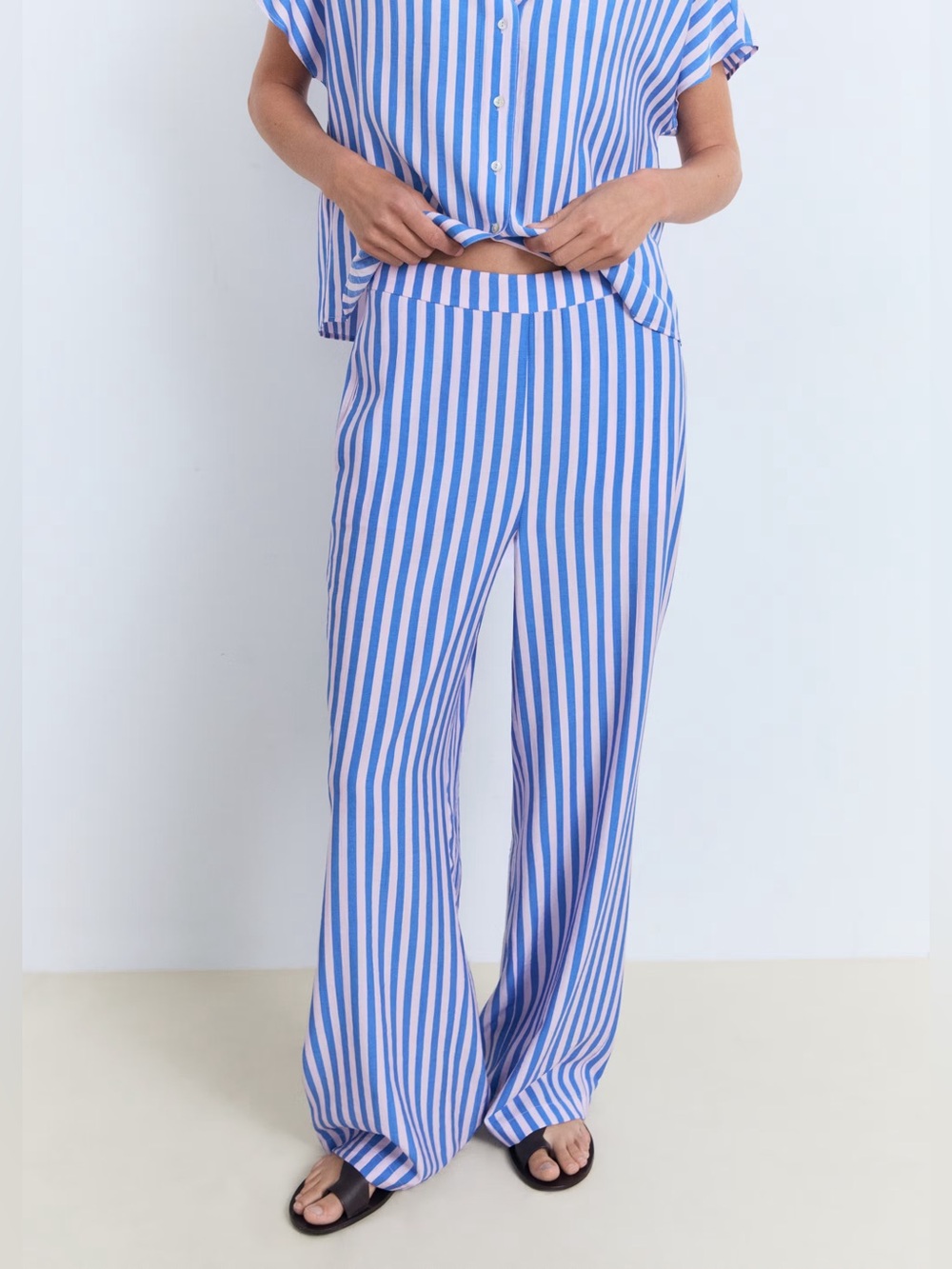 Mango MNG Blue & White Striped Wide-Leg Pants
